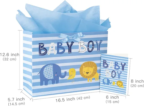 Miniatura 6 de Loveinside Bolsa de regalo para bebé niño con papel de seda y tarjeta de felicitación para baby shower, nuevos padres y más, diseño animal azul, 16