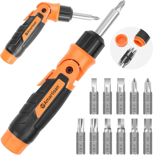 Amartisan - Juego de destornilladores multipunta 12 en 1, destornillador con trinquete, destornillador de precisión ajustable a 60 grados, puntas