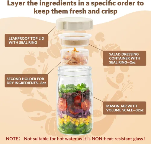 Miniatura 2 de SOLIGT Paquete de 4 tarros de ensalada de vidrio con tapas para preparación de comidas, recipiente hermético para almuerzo, dos pequeñas cajas