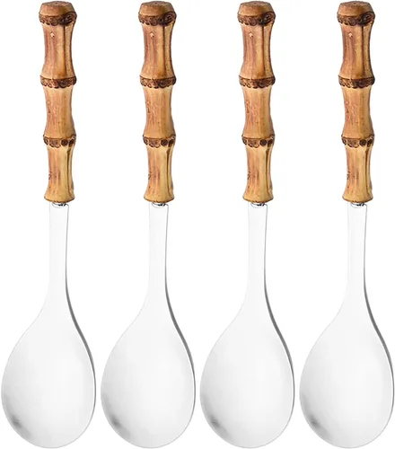 Miniatura 12 de Juego de 4 utensilios para servir con mango de bambú, cuchara larga de acero inoxidable 304, tenedor para cocina, bufé, restaurante, boda, fiesta