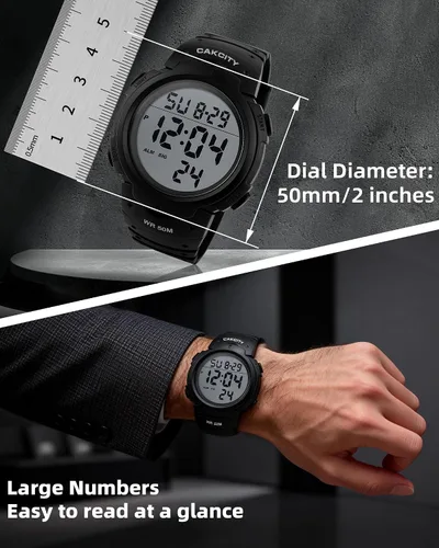 Miniatura 2 de CakCity Reloj deportivo digital para hombre, pantalla LED, esfera grande, reloj militar para hombre, impermeable, casual, luminoso, cronómetro