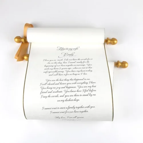 Miniatura 8 de Pergamino personalizado de letras en papel pergamino crema de 8 x 20 pulgadas con detalles dorados, hecho a mano en los Estados Unidos