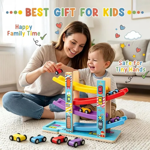 Miniatura 6 de Heirio Juguetes Montessori para niños y niñas de 1, 2 y 3 años, juguete de rampa de madera sin montaje con 4 autos de carreras y estacionamiento