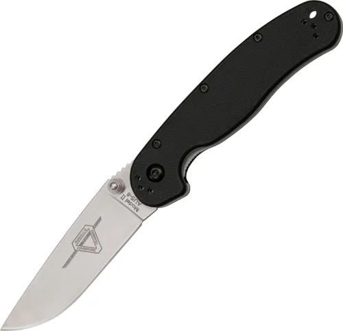 Ontario Knife Company Rat II, Cuchillo plegable de bolsillo con hoja de acero inoxidable AUS-8 satinada de punta caída, mango de nylon negro con