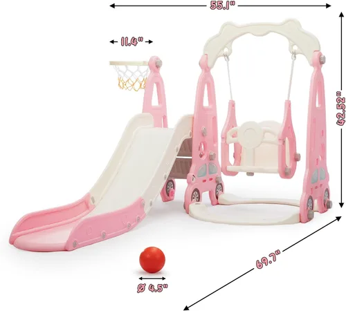 Miniatura 4 de Juego de tobogán, escalera y columpio 4 en 1, juego de escalador de tobogán independiente para niños pequeños con aro de baloncesto, juego de patio