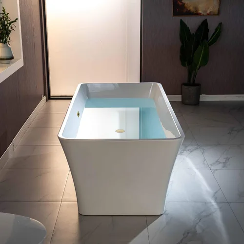 Miniatura 10 de WOODBRIDGE Bañera de acrílico independiente de 59 pulgadas, bañera blanca de remojo contemporáneo con desbordamiento y drenaje de oro cepillado