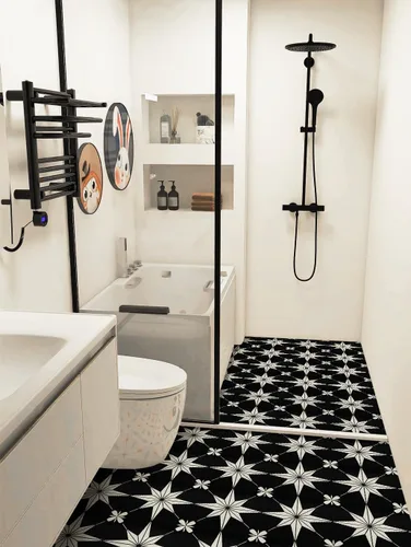 Miniatura 8 de Pegatinas adhesivas para piso: 10 piezas de 11.81 * 11.81 pulgadas, pisos de vinilo impermeables en negro y blanco, fácil de instalar, adhesivo