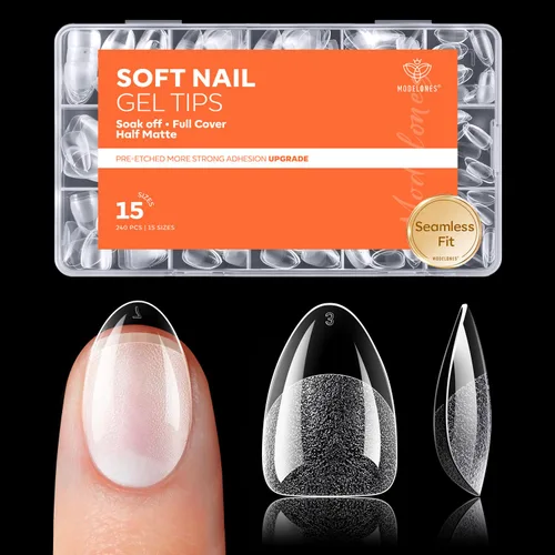 Miniatura 13 de Modelones 240 puntas de uñas de gel de almendra, uñas de gel suave de cobertura completa de grano 40 pregrabadas, medio mate, 15 tamaños, puntas
