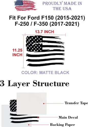 Miniatura 2 de Compatible con Ford F150 (2015-2021) F-250 / F-350 (2017-2021) Adhesivos precortados para ventana de la bandera estadounidense Medio trasero