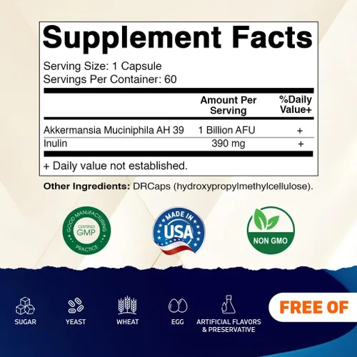 Miniatura 2 de Vitamatic Akkermansia Muciniphila Gut Health - 60 cápsulas DR (liberación retardada) - Hecho con fibra de inulina prebiótica - Paquete de 2