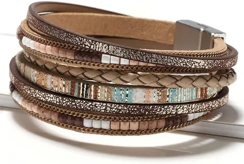 Miniatura 2 de Fesciory - Pulseras envolventes de cuero para mujer, brazalete de cuentas de cristal de leopardo, bohemia, multicapa