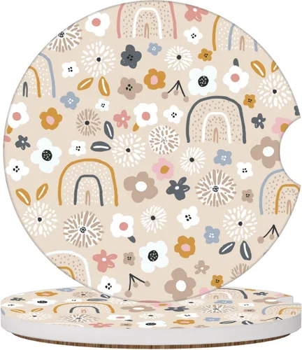 Posavasos de automóvil con diseño de arcoíris y flores beige para portavasos de automóvil, paquete de 2 posavasos para mujeres y hombres, 2.56