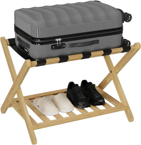 Smuxee Portaequipajes totalmente montado para habitación de invitados, soporte plegable de bambú mejorado para maleta con 5 correas de nailon,