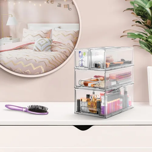 Miniatura 5 de Sorbus - Cajones de almacenamiento transparentes y apilables pequeños – Paquete de 4 contenedores organizadores de plástico con asas – Cajones
