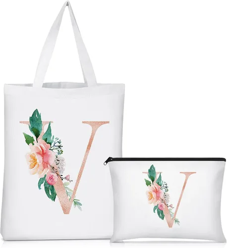 Miniatura 12 de Sanwuta 2 bolsas de lona con inicial, diseño floral con letras florales, bolsas de cosméticos de viaje, bolsas con monograma para mujer, mujer