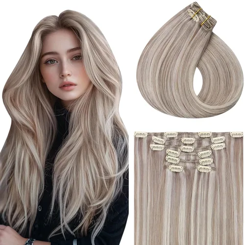 Miniatura 17 de Vivien Extensiones de cabello humano con clip, color negro azabache, extensiones de cabello humano real con pinzas invisibles, doble trama, 14