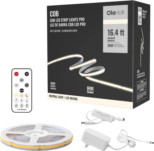 Miniatura 14 de Tira de luz LED COB de 32.8 pies con control remoto, 4000K Ra93+ regulable brillante luz LED COB tira de luz blanca continua para espejo, escalera