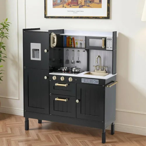 Miniatura 9 de Arlopu Cocina de Juguete para Niños, Juegos de Cocina de Madera para Niños Pequeños, Set de Cocina de Simulación con Almacenamiento y Accesorios