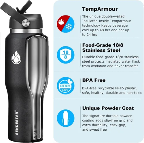 Miniatura 2 de SENDESTAR Botella de agua de acero inoxidable de 40 onzas (fría durante 48 horas, caliente durante 24 horas), botella aislada al vacío de doble Negro