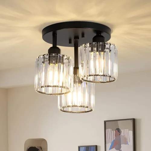 PAUFUL Lámpara de Techo Semiempotrada de Cristal, Lámparas de Techo Modernas de 3 Luces Cerca del Techo, Lámparas de Cocina Negras con Pantalla de