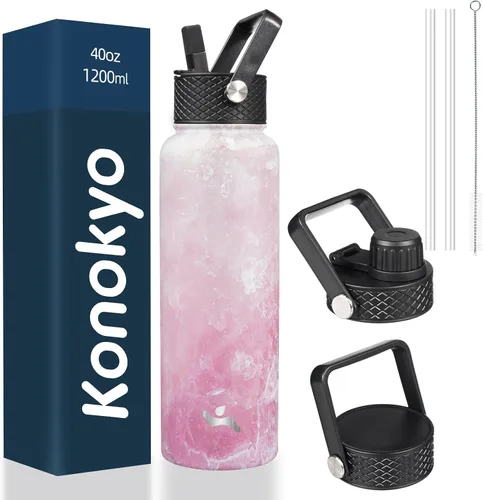 Miniatura 56 de Konokyo - Botella de agua aislada de 18 onzas, botellas deportivas de acero inoxidable con 3 tapas, verde militar