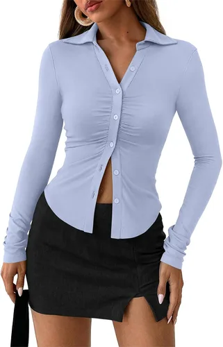 Miniatura 10 de PRETTYGARDEN - Camisas con botones para mujer, cuello en V, cuello abotonado, ajustadas, manga larga, camisa casual, moda de otoño, tops para damas