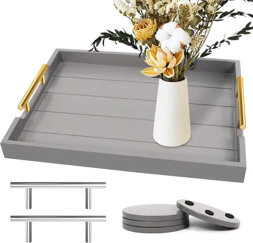Miniatura 10 de SXNOWS Bandejas de mesa auxiliar, bandeja otomana grande para sala de estar, bandeja de madera para servir con 2 juegos de asas, bandeja de madera