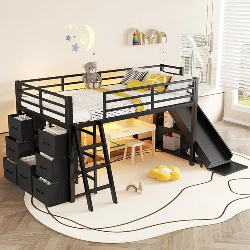 Bellemave Twin Size Low Loft Bed with Slide & 7 Fabric Storage Drawers,Metal Loft Bed Frame with Shelves and LED Lights for Boys Girls,Kids Loft Bed