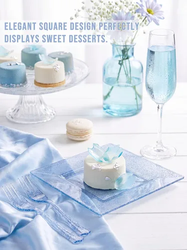 Miniatura 3 de DaYammi 100 platos de postre con purpurina azul, que incluyen 50 platos de aperitivo de 6 pulgadas y 50 tenedores de plástico de 5.7 pulgadas, plato
