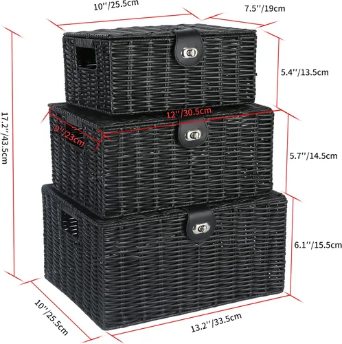 Miniatura 5 de Honygebia - Canastas de almacenamiento de mimbre negro - Juego de 3 cajas decorativas anidadas con tapas, canasta tejida con cerradura y asa