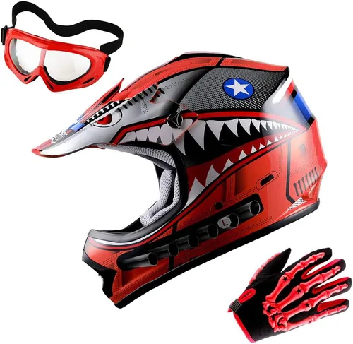 Miniatura 4 de WOW Casco de Motocross Juvenil MX BMX Casco de Bicicleta Araña Negro + Gafas + Guantes Negros Esqueleto Paquete Verde tiburón