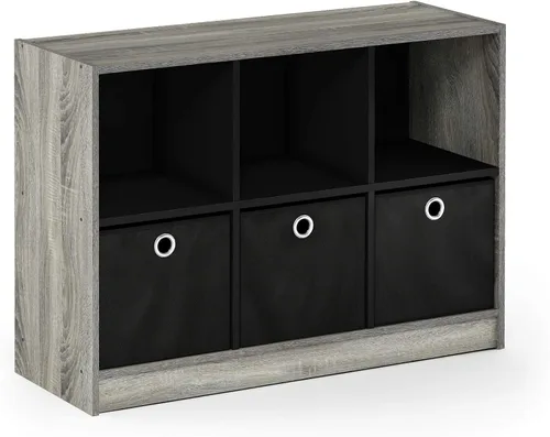 Miniatura 5 de Furinno Organizador Básico de Estantería de Almacenamiento de Cubos 3x2 con Contenedores, Roble Francés Gris/Negro