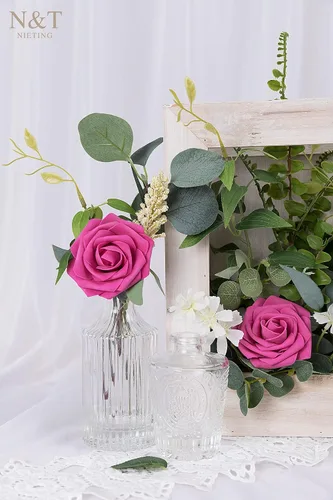 Miniatura 7 de N&T NIETING Flores artificiales, rosas artificiales de color rosa intenso, 50 piezas de flores falsas con tallo para ramos de boda DIY, centros