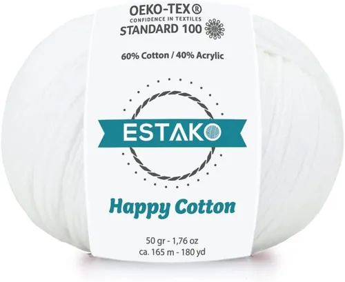 Estako Happy Cotton, 1,76 oz (50 g) / 180 yardas (165 m) de lana 60 % algodón y 40 % acrílico, suave, fina/deportiva (2) para crochet y tejer (4110