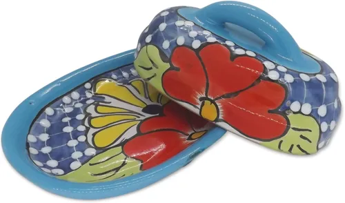 Miniatura 7 de Mantequera de Cerámica Talavera con Tapa Pintada a Mano, Auténtica Cerámica Mexicana de Cocina, Diseño Floral (Agua)