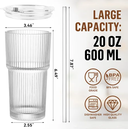 Miniatura 2 de CWHHRN Juego de 4 vasos de vidrio de 20 onzas con tapa y pajita, vaso de vidrio con popote y tapa, cristalería vintage para whisky, cóctel, cerveza
