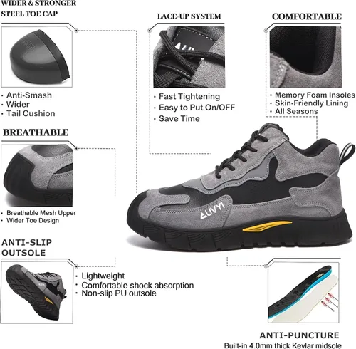 Miniatura 2 de AUVYI Botas de trabajo con punta de acero para hombres – Zapatos de seguridad cómodos y duraderos a prueba de chispas, botas de construcción