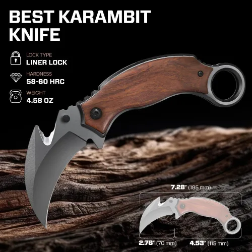 Miniatura 3 de Cuchillo de bolsillo para hombres – Cuchillo plegable Karambit – Acero afilado 440C, hoja de garra de tigre – Cuchillos de bolsillo grabados