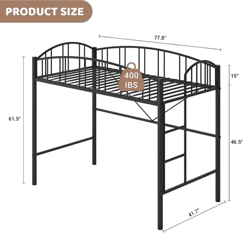 Miniatura 2 de IDEALHOUSE Cama alta tamaño individual con escalera y barandilla de arco alto, listones de metal resistentes, diseño que ahorra espacio