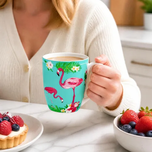 Miniatura 7 de Taza de porcelana de hueso flamenco de 12.5 oz con plantas tropicales Porcelana de hueso ligera, ideal para los amantes del flamenco, taza de café
