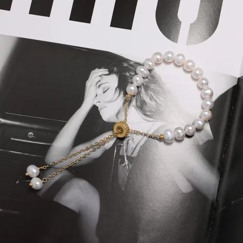 Miniatura 6 de Cowlyn Bossimi - Pulsera de perlas, eslabones de cultura barroca, chapado en oro de 14 quilates, ajustable, a la moda, dije de San Valentín, joyería