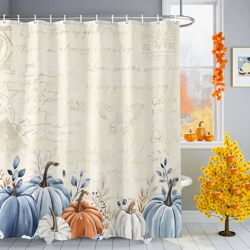 Miniatura 9 de Cortina de ducha de eucalipto con calabazas azules y blancas, temporada de Acción de Gracias, rústica, hojas botánicas, impermeables, lavables