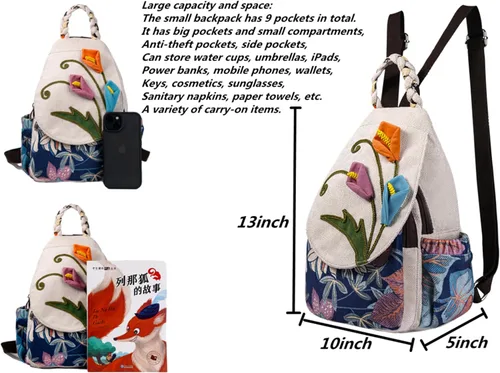 Miniatura 136 de HUANGGUOSHU Mochila de algodón tejida de algodón bohemio con bordado de lona estilo bohemio con múltiples bolsillos retro linda mochila cartera