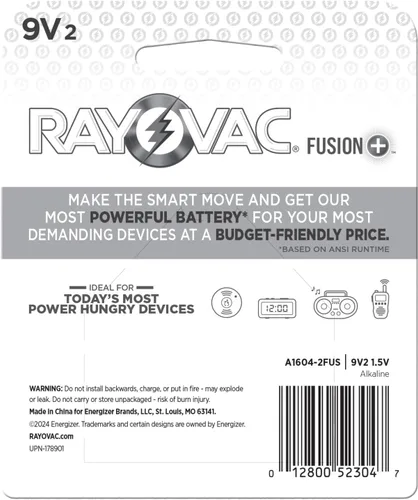 Miniatura 7 de Rayovac Baterías Fusion 9V (paquete de 2), pilas alcalinas de 9 voltios