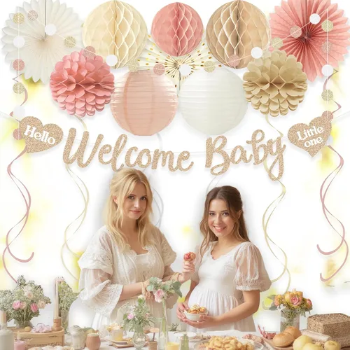 Miniatura 7 de Decoraciones de baby shower boho para niña, pancarta de bienvenida con bolas de nido de abeja pre-hiladas, flores de papel, linternas, abanicos
