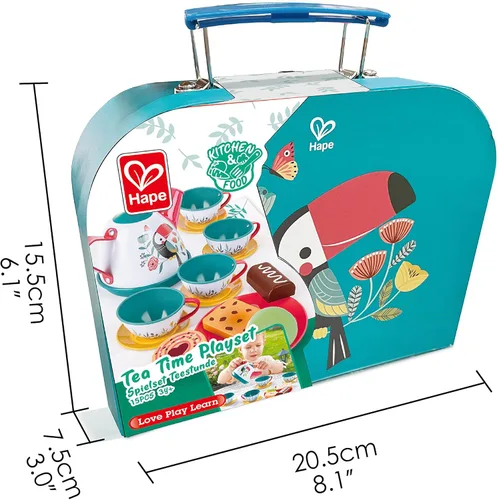 Miniatura 3 de Hape Juego de té para niñas y niños pequeños, juego de fiesta de té de lata de 18 piezas con funda de transporte de tucán, tetera de juguete