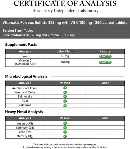 Miniatura 3 de Vitamatic Sulfato ferroso 325 mg con vitamina C 100 mg (65 mg de hierro elemental) – Suplemento de hierro de alta potencia – Sin