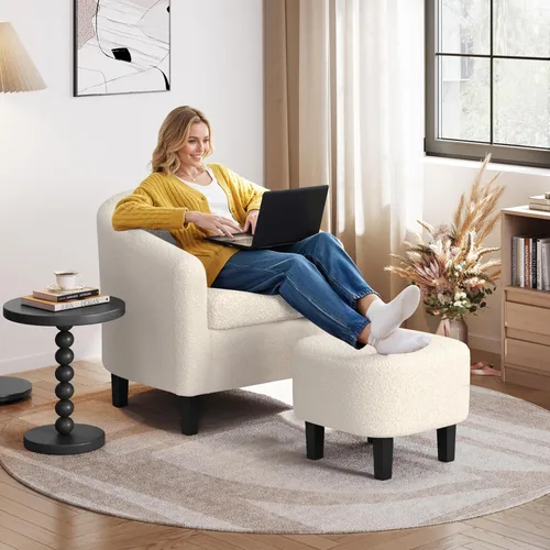 Miniatura 9 de Yaheetech Juego de 2 sillas tipo barril de pana, tapizadas, sillones redondos, sillas de espera con cojín suave para sala de estar, dormitorio, sala