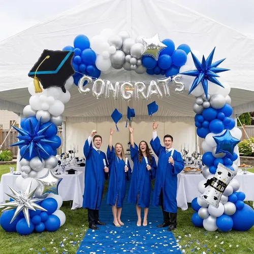 Miniatura 7 de Kit de arco de globos de graduación 2026, decoraciones de fiesta azul real y plateado: diploma de aluminio, letras de felicitación, globos de Azul