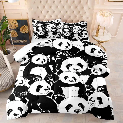 DYcolor Juego de edredón con estampado de oso panda 3D para niños, 3 piezas, ligero, blanco y negro, con 1 edredón y 2 fundas de almohada para niños